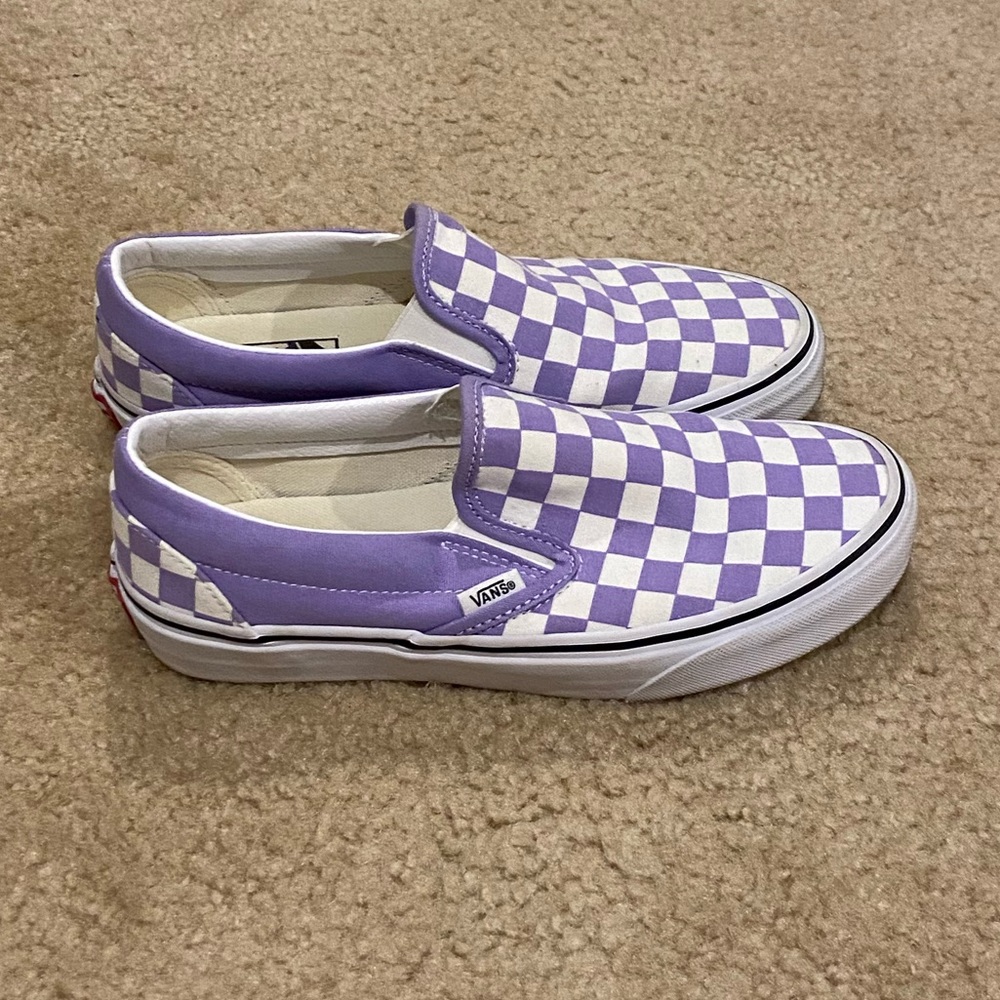 Lavender and white checkered slip on vans